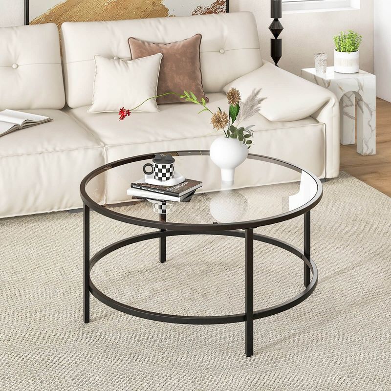 Costway 36'' Round Coffee Table Tempered Glass Tabletop Metal Frame Living Room Black/Golden, 5 of 11
