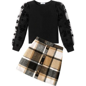 Arshiner Girls 2 Piece Outfits Fall Skirts Set Cute Lattice Dresses and Mesh Sleeve Rib Knit Tops Warm Winter Clothing Sets - 1 of 3