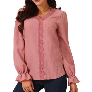Seta T Women's Lace V Neck Lantern Sleeve Dressy Casual Fall Winter Fashion T-Shirt - 1 of 4