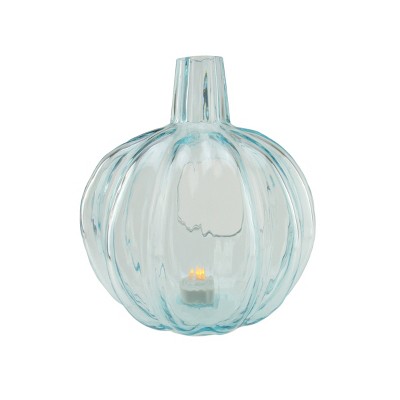 Northlight 11" Transparent Blue Glass Pumpkin Pillar Candle Holder