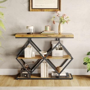Narrow Console Table for Entryway Sofa Table Behind Couch Diamond-Shaped Frame Rustic Wooden Accent Tables with Storage Shelves for Hallway - 1 of 4