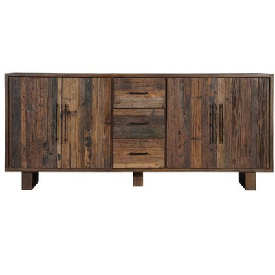 HomeRoots 83" Dark Brown Distressed Reclaimed Wood Three Drawer Sideboard with Four Doors
