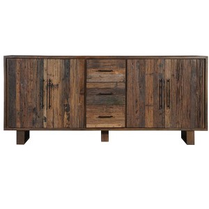 HomeRoots 83" Dark Brown Distressed Reclaimed Wood Three Drawer Sideboard with Four Doors - 1 of 4