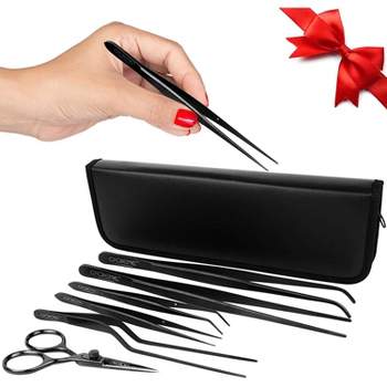 O'Creme Set of Culinary Tweezer Tongs Offset, Straight and Curved, Plus Super Sharp Chef Scissors, Total 6 Pieces (Black)