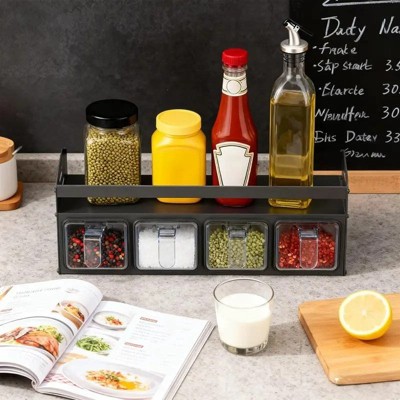 Aeelleea 2-Tier Kitchen Spice Rack Organizer with 4 Spoons, Wall Mount or Countertop Condiment Storage Rack, 4-Grid Design, Gray — фото 4