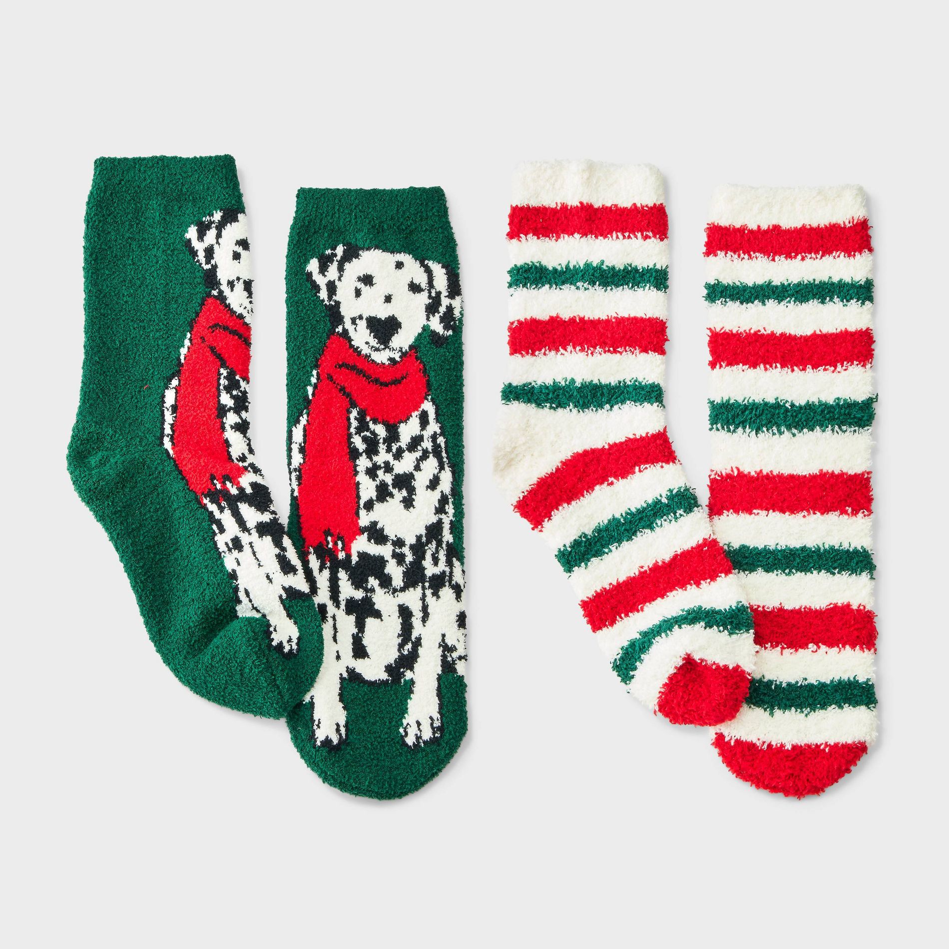 Kids' 2pk Dalmatian & Striped Cozy Crew Socks with Gift Card Holder - Wondershop™ Dark Green