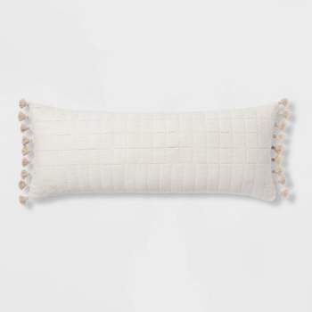Oversized Oblong Pick Stitch Plaid Tassel Decorative Throw Pillow Natural - Threshold™