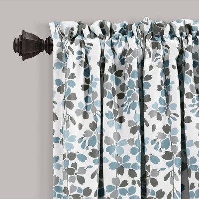 Blue Gray Floral Room Darkening Polyester Curtain Panels, Set of 2