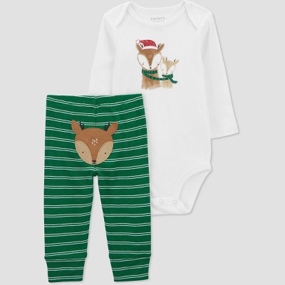 Image of Carter's Just One You®️ 2pc Baby Reindeer Striped Coordinate Set - Green 3M