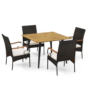 Costway 5 PCS Patio PE Wicker Dining Set Table and Chairs with Cushions 1.9" Umbrella Hole - 1 of 4