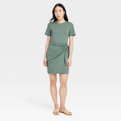 Women's Short Sleeve Mini T-Shirt Wrap Dress - A New Day™ Green S