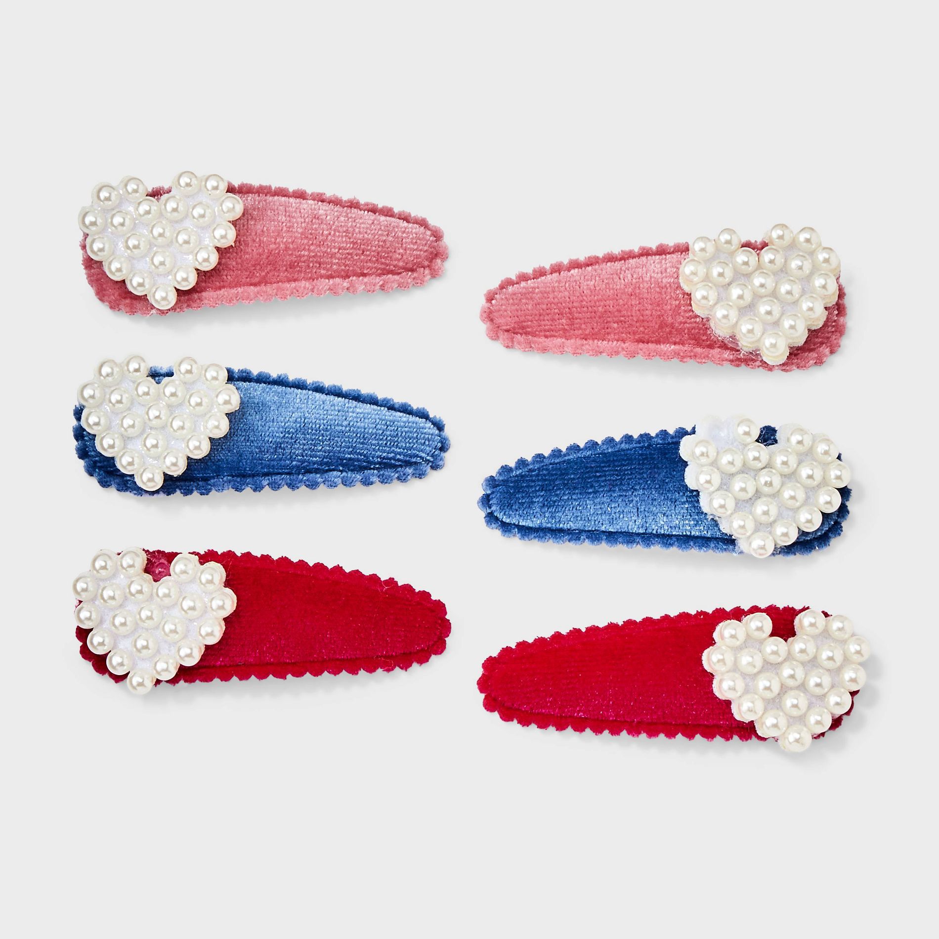 Girls' Velvet Snap Hair Clips with Pearl Icons 6pc - Pink/Blue/Red - Cat & Jack™