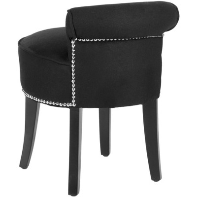 Petite Black Linen Birchwood Vanity Stool with Silver Nailhead Trim