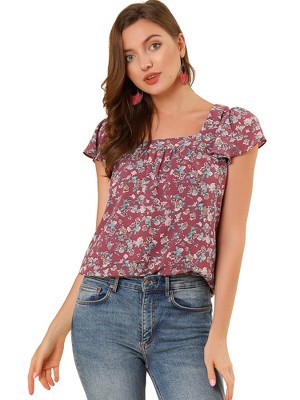 INSPIRE CHIC Women's Chiffon Ruffle Sleeve Square Neck Floral Print Blouse
