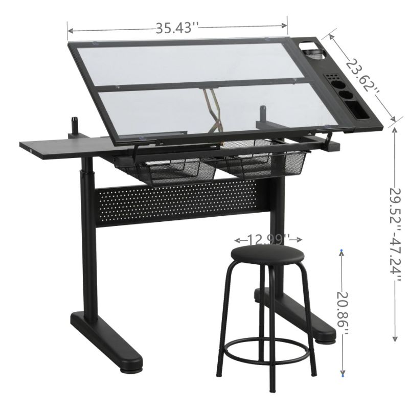 Adjustable Arafting Drawing Table with Stool and 3 Drawers, Drafting Study Table for Artist Painters Home Office, Table with Chair-The Pop Home, 3 of 12