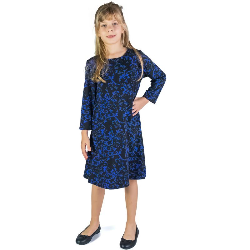24seven Comfort Apparel Girls Black and Blue Long Sleeve Loose Fit Knee Length Tunic Pocket Dress, 1 of 5