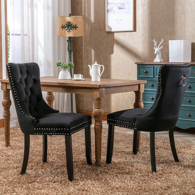 Set of 2 Modern Velvet Tufted Upholstered Dining Chairs with Wooden Legs and Nailhead Trim - ModernLuxe, 2 of 12