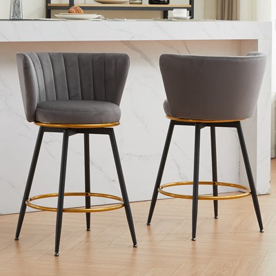 ORRD Counter Height Bar Stools, Set of 2, 360° Swivel Velvet Upholstered Seats with Backs, Metal Legs, 26" Seat Height, Gold Footrest