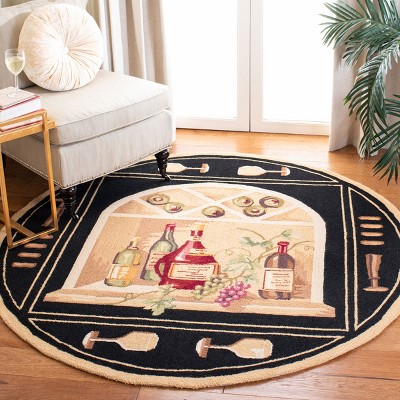 Handmade Black/Multi Floral Wool Round Rug, 8' Diameter