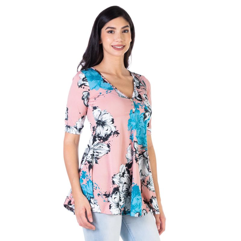 24seven Comfort Apparel Pink Floral Elbow Sleeve Casual V Neck Henley Tunic Top, 2 of 5