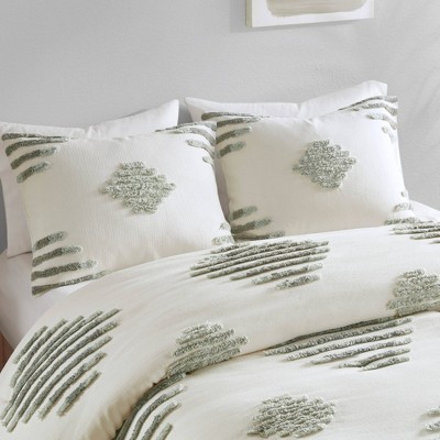 Tahli Green and Ivory Cotton Blend Chenille King Duvet Cover Set
