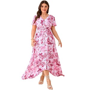 Women Plus Size Maxi Dress Short Sleeve Wrap V Neck Button Down High Low Split Ruffle Long Dress - 1 of 4