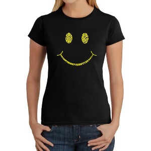 LA Pop Art Women's Word Art T-Shirt - Be Happy Smiley Face - 1 of 4