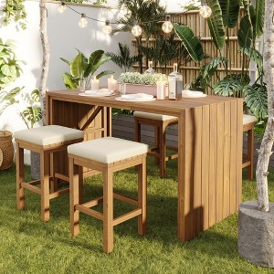 YOOCOZZ  5-Piece Patio Acacia Bar Set with Stools  and Cushions - Beige - 1 of 4