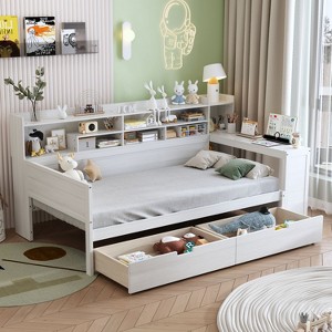 Sapphtopaz Wooden Daybed with Storage Shelves 2-Drawers Storage Study Desk Multi-functional Bedroom Furniture - 1 of 4