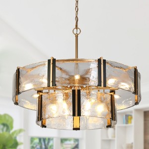 LNC Cymbodly 15-Light 31.5" Luxury and Glam Oversized Tiered Drum Chandelier, Black and Gold with Textured Glass - 1 of 4