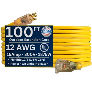 USW 12/3 Yellow Heavy Duty Extension Cords with Lighted Plug - 1 of 4