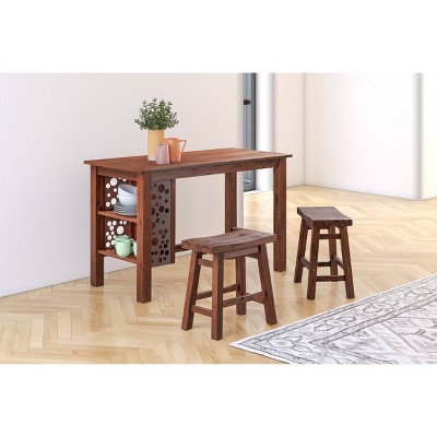 Set of 2 Rustic Chestnut Wire-Brushed Saddle Stools, 18" Height