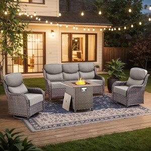 4 Piece Patio Furniture Set with Fire Pit Table, 2 x Swivel Rocker Chair, 1 x 3-Seat Sofa, 5 Seats Outdoor Conversation Set for Lawn Garden Backyard - 1 of 4
