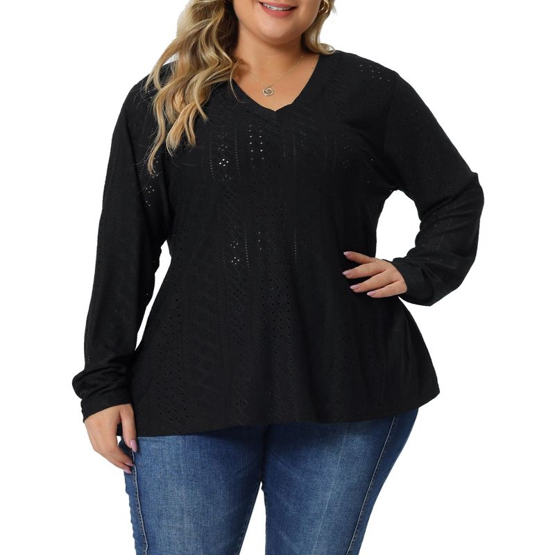 Agnes Orinda Women's Plus Size Long Sleeve Hollow Out V Neck Blouse, 1 of 6