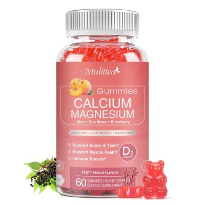Mulittea Calcium Magnesium Zinc Gummies Supplement for Bone, Muscles & Sleep Support - 60 Gummies (Peach Flavor)