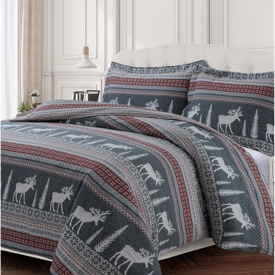 King 3pc Winter Reindeer Printed Cotton Flannel Oversized Duvet Set Multi - Tribeca Living