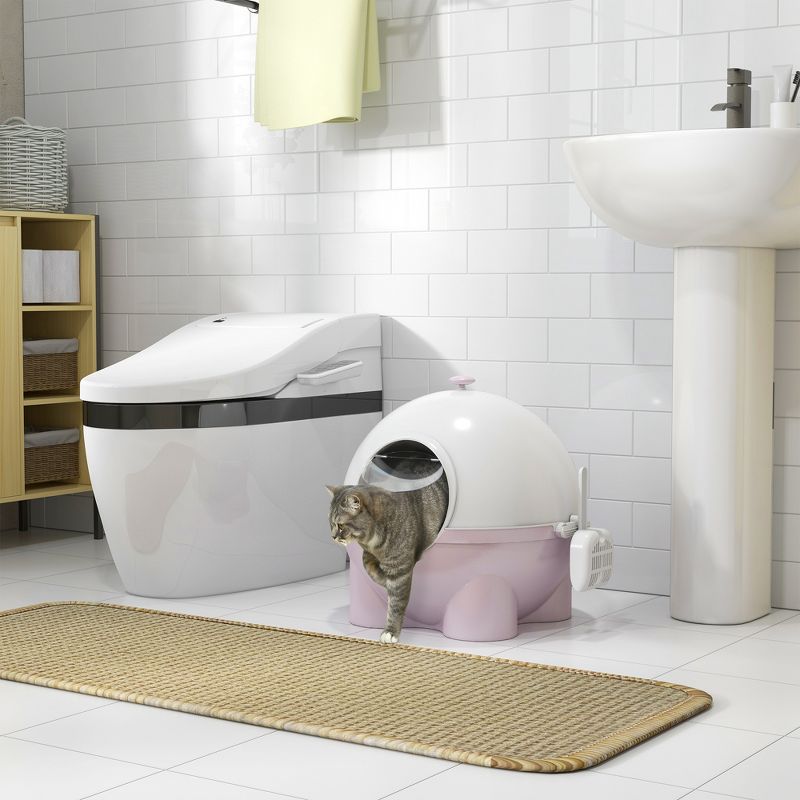 PawHut Hooded Cat Litter Box, Large Kitty Litter Pan with Lid, Scoop, Leaking Sand Pedal, Top Handle, Light Pink, 2 of 7