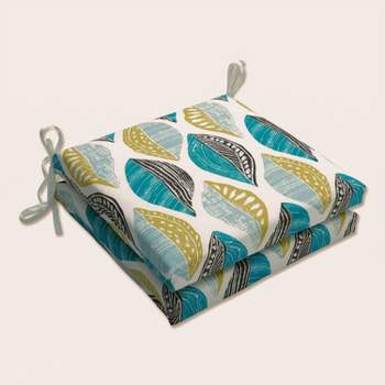 Set of 2 Leaf Block Outdoor/Indoor Squared Corners Seat Cushions Teal/Citron - Pillow Perfect