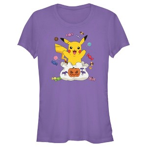 Juniors Womens Pokemon Halloween Pikachu Bag of Candy T-Shirt - 1 of 4