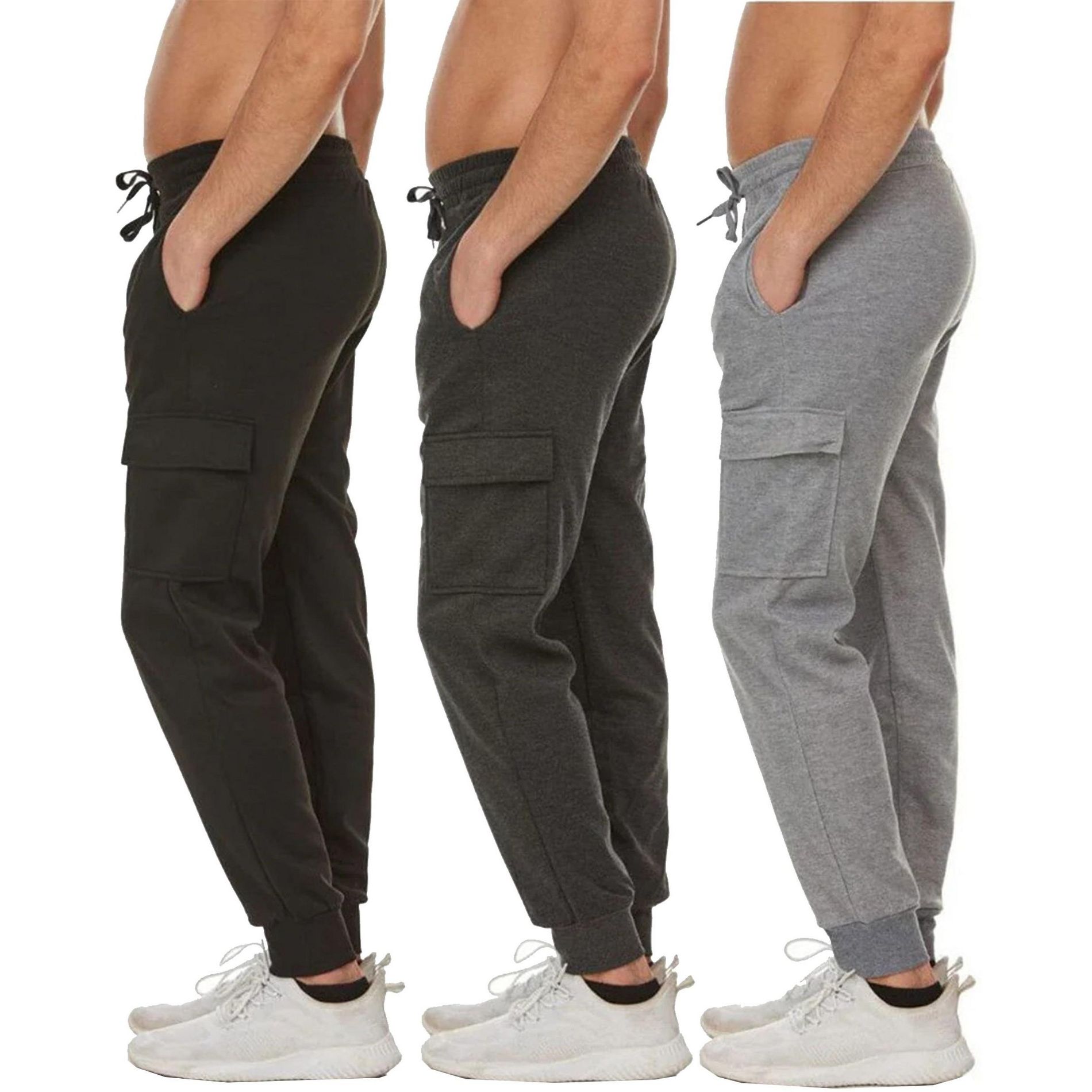 Blue Ice Men's Slim Fit Fleece Jogger Sweatpants with Velcro Cargo Pockets-3 Pack