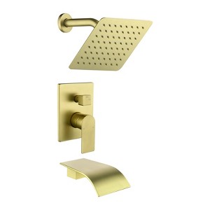 Cobbe Rainfall Shower Faucet Kit with 8-Inch Square Shower Head and Tub Spout, Wall Mount Shower Kit with Valve Brushed Gold - 1 of 4