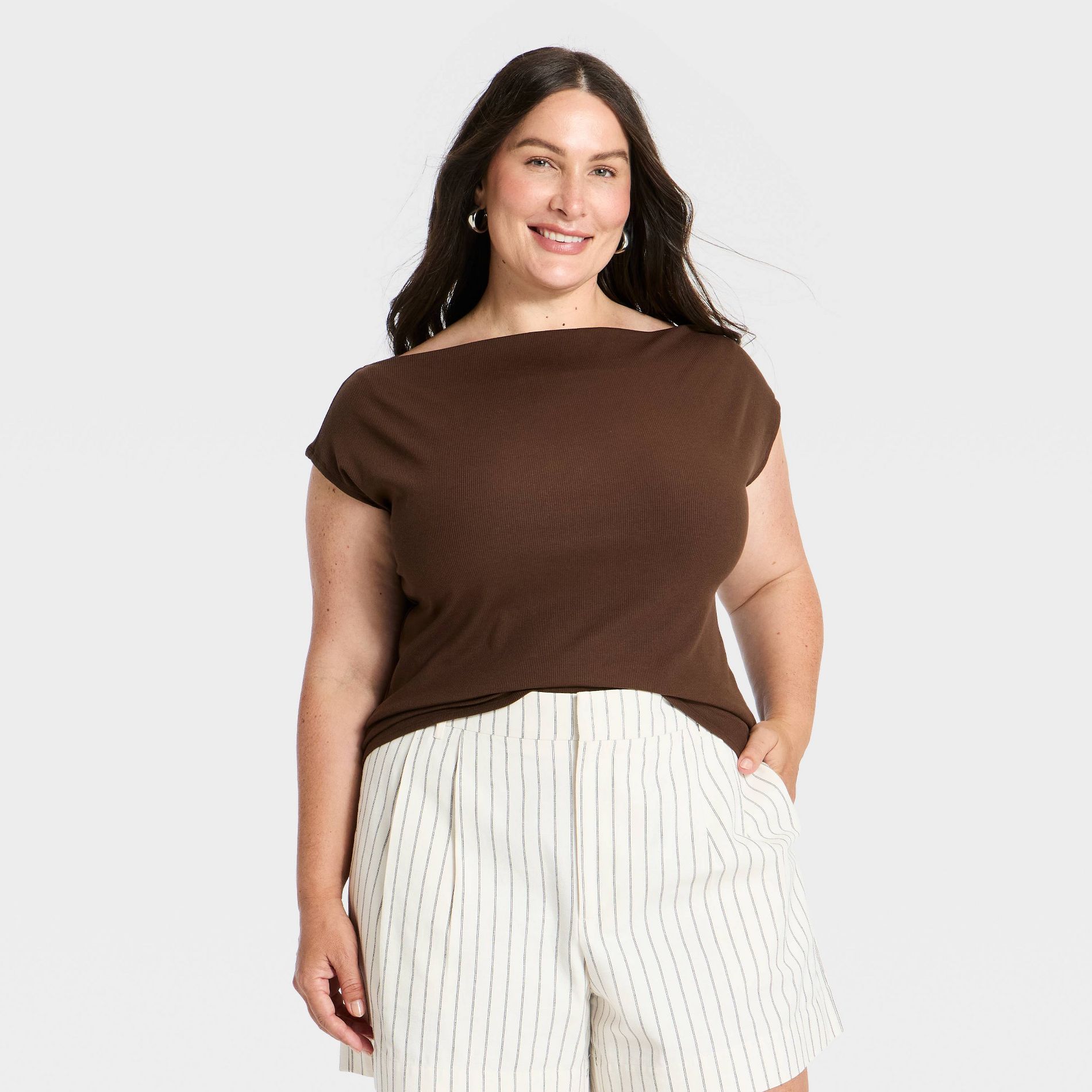 Women's Cap Sleeve Boat Neck T-Shirt - A New Day™ Brown 3X