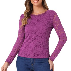 Allegra K Women's Slim Fit Sheer-Long-Sleeves Flower Embroidery Lace Top - 1 of 4