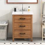 24" Bathroom Vanity with Ceramic Basin Sink and 3 Drawers, Natural - ModernLuxe