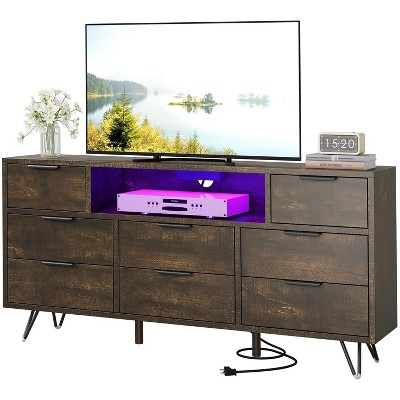 Dresser TV Stand, 8 Drawer Dresser with Power Outlet & LED Light, Modern Wood Chest of Drawers