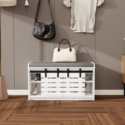 VYNXARIA Modern 2-Tier Shoe Storage Bench with Sliding Barn Doors & Removable Cushion - White