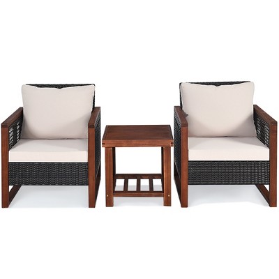 Tangkula 3PCS Rattan Wicker Patio Conversation Set Outdoor Furniture Set w/ Cushion