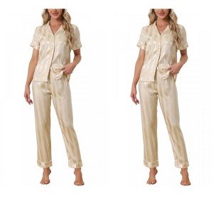 INSPIRE CHIC Women's 4 Pcs Satin Short-Sleeve Button-Up Sleepwear & Long-Pants Pajama Set - 1 of 4