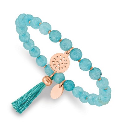 Chisel Stainless Steel Rose IP-plated 6mm Mint Jade Beaded with Tassel Stretch Bracelet