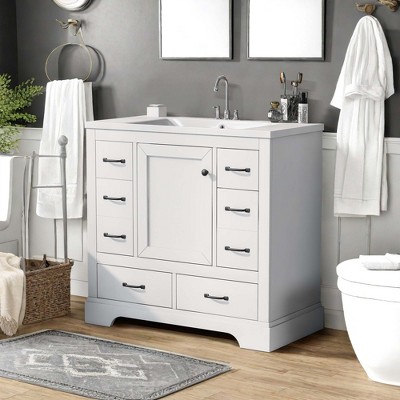 NicBex 36'' Bathroom Storage Cabinet with Sink, Bathroom Vanity, 1 Spacious Cabinet Door with Adjustable Shelf, 6 Drawers for Bathroom, White